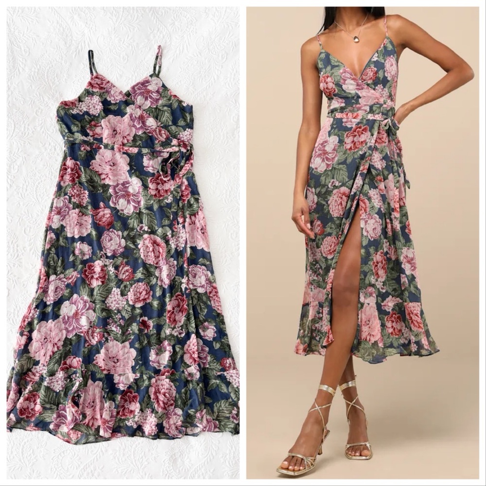 NWT Lulus Delightfully Divine Navy Blue Floral Chiffon Wrap Midi Dress XXLarge
